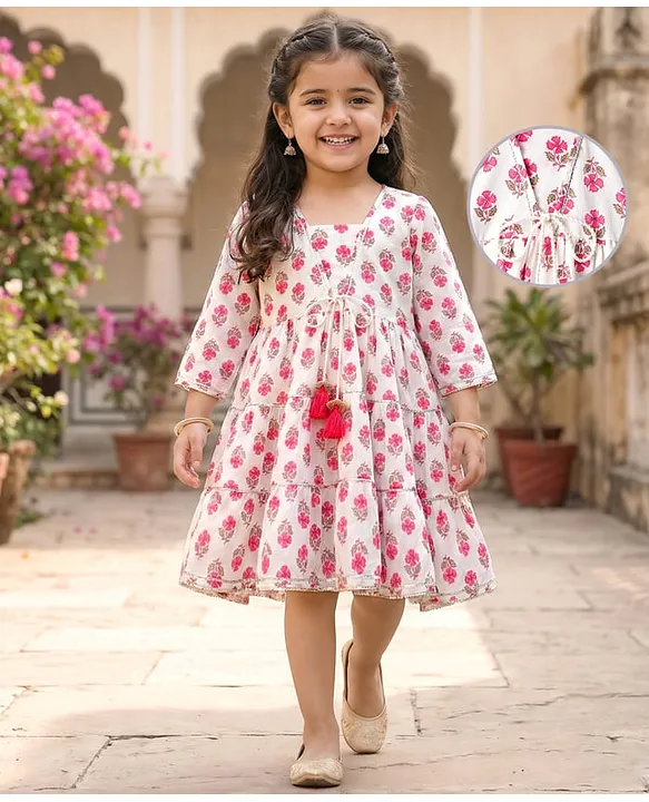 Babyhug Cotton Woven ¾ Sleeves Floral Printed Ethnic Dress – White