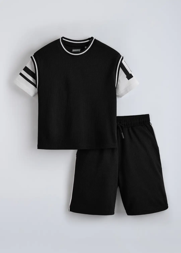 Kids 2-Pc Textured Varsity Short Set – Sporty & Comfortable Casual Wear