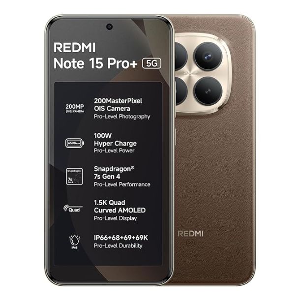 REDMI Note 15 Pro+ 5G (Coffee Mochaa, 12GB+512GB) | 200MasterPixel OIS Camera | Snapdragon 7s Gen 4 | 17.3cm CrystalRes AMOLED Screen | IP66/68/69/69K | Mega 6500mAh Si/C Battery | 100W Hyper Charging