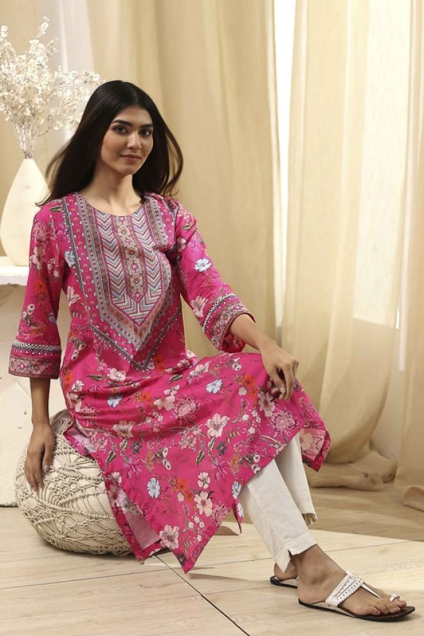 Pink Pure Cotton Floral Straight Kurta for Women – Elegant & Comfortable